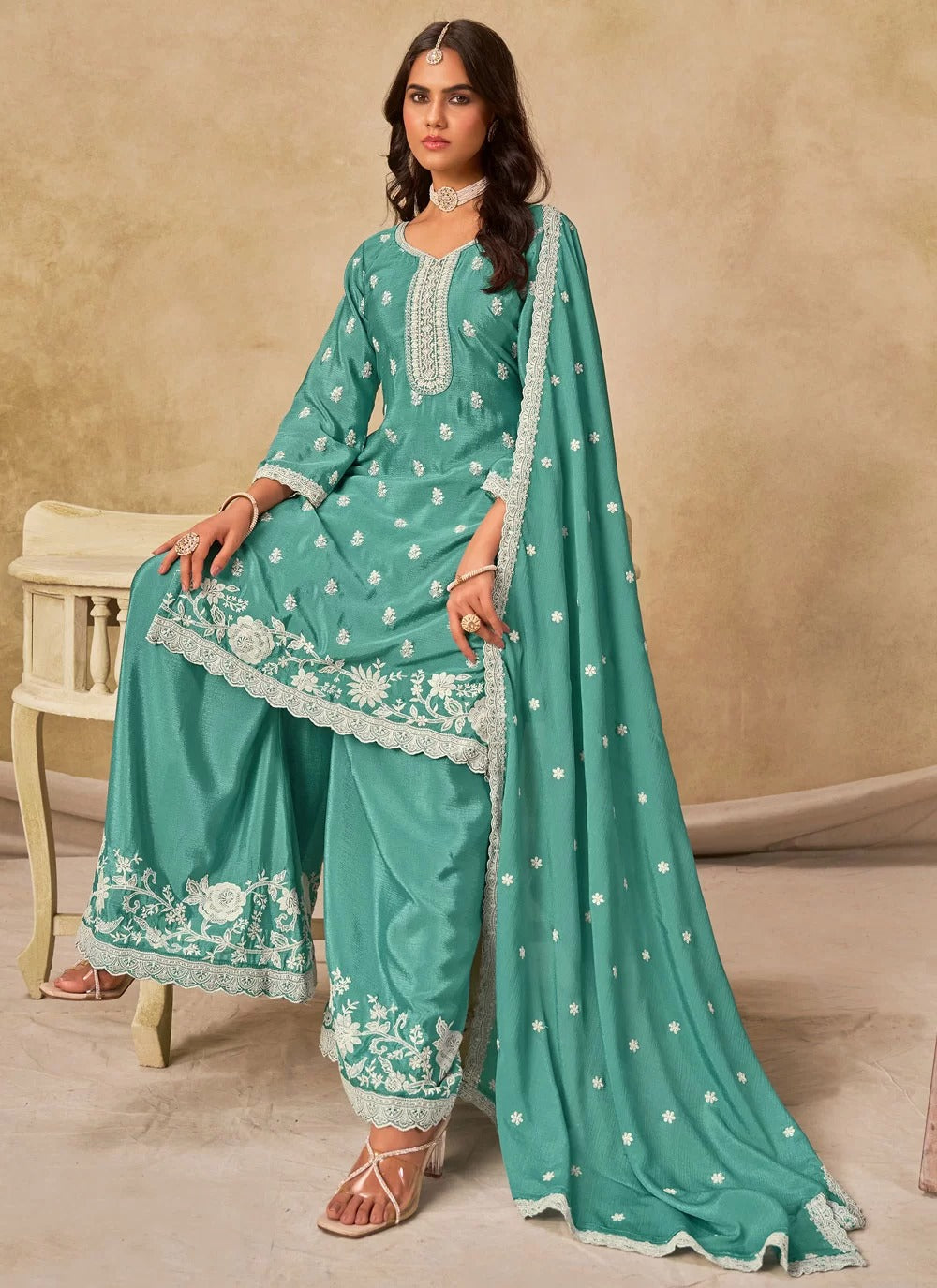 Sea green chinnon silk embroidered palazzo suit set with dupatta