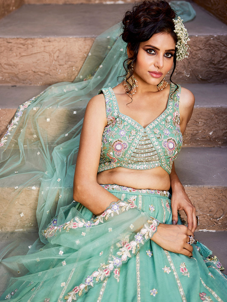 Sea Green colour Tissue Sequinse embroidery Semi-Stitched Lehenga choli & Dupatta