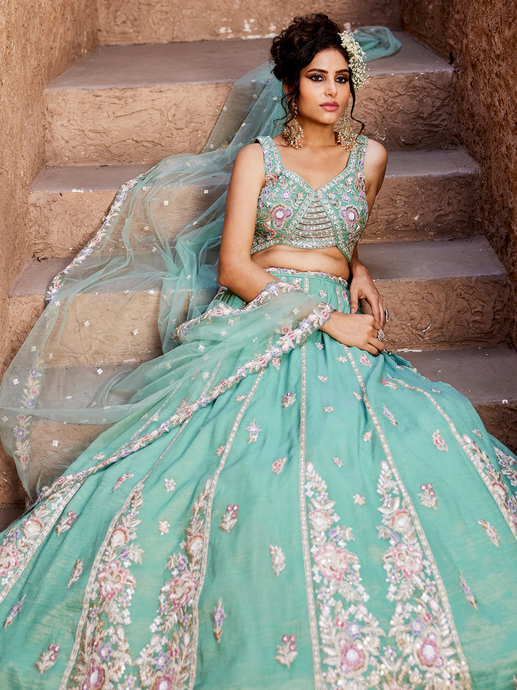 Sea Green colour Tissue Sequinse embroidery Semi-Stitched Lehenga choli & Dupatta