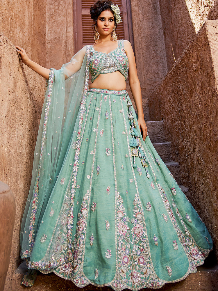 Sea Green colour Tissue Sequinse embroidery Semi-Stitched Lehenga choli & Dupatta