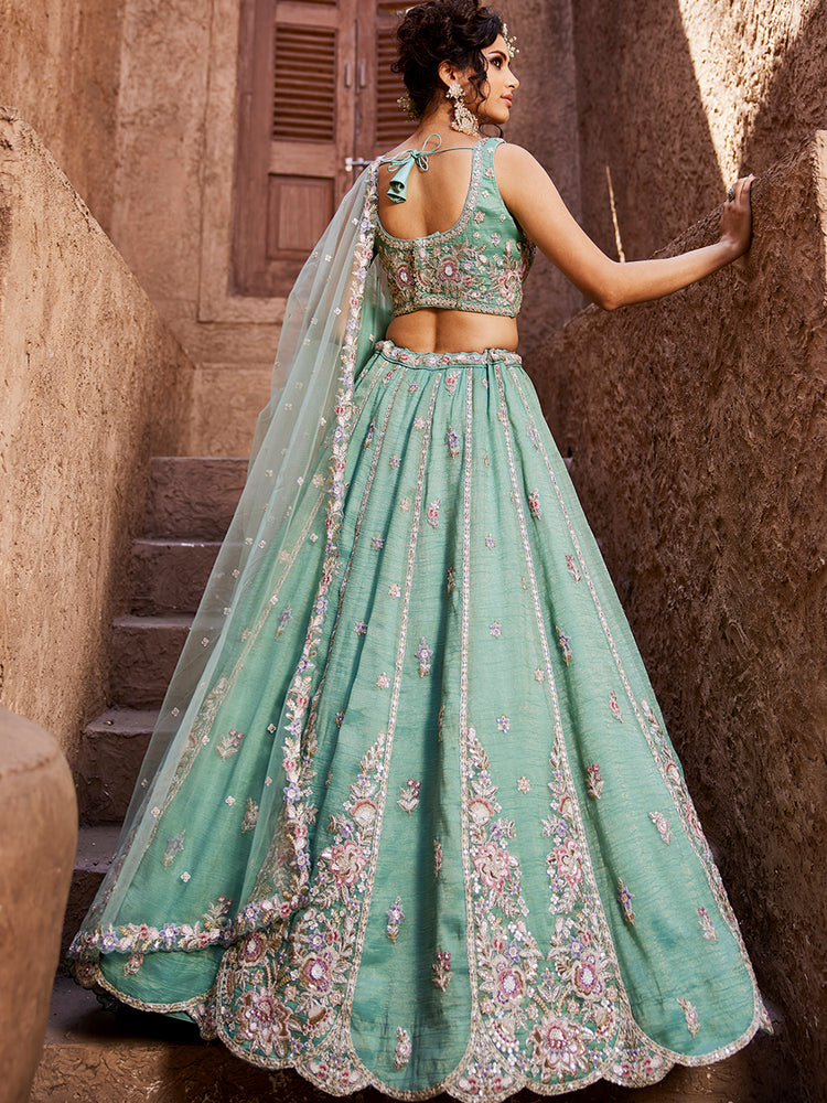 Sea Green colour Tissue Sequinse embroidery Semi-Stitched Lehenga choli & Dupatta