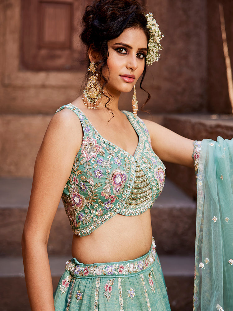 Sea Green colour Tissue Sequinse embroidery Semi-Stitched Lehenga choli & Dupatta