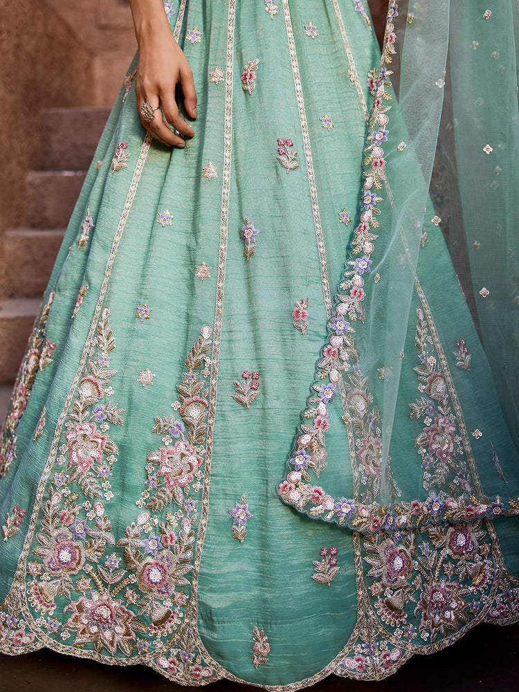 Sea Green colour Tissue Sequinse embroidery Semi-Stitched Lehenga choli & Dupatta