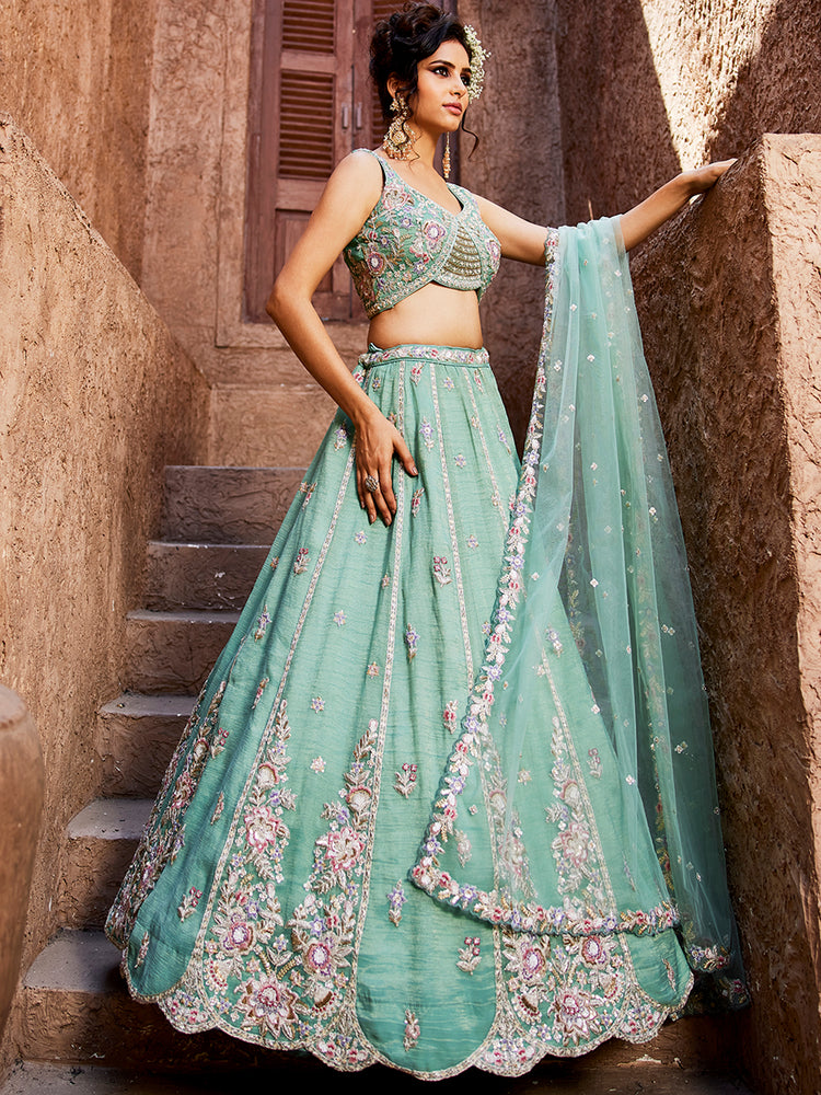 Sea Green colour Tissue Sequinse embroidery Semi-Stitched Lehenga choli & Dupatta