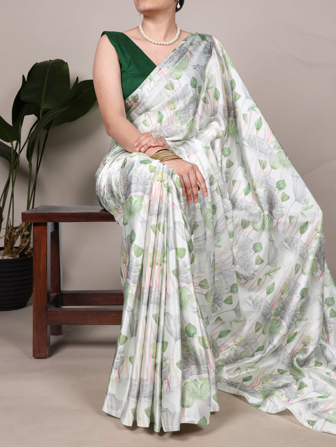 Sea Green Elegant Floral Printed Satin Silk Saree with Mono Benglory Blouse Piece