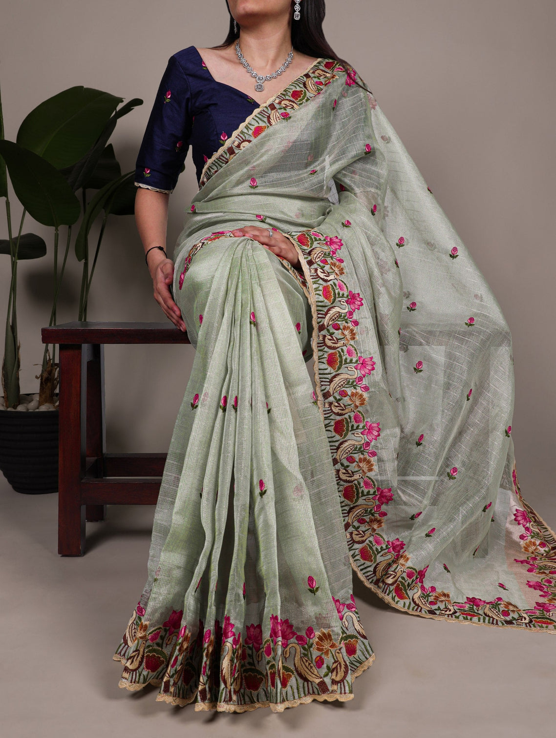 Sea Green Elegant Zari Kota Tissue Saree with Exquisite Thread Embroidery Work and Banglory Blouse Piece – Premium Ethnic Ensemble