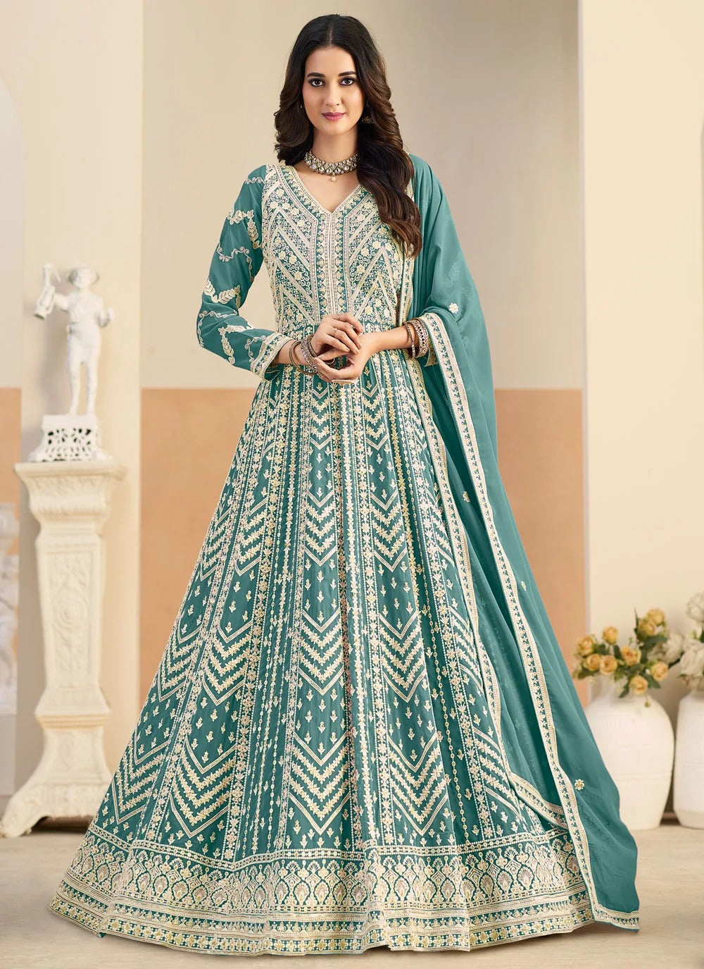 Sea green embroidered anarkali suit in faux georgette for mehndi wear