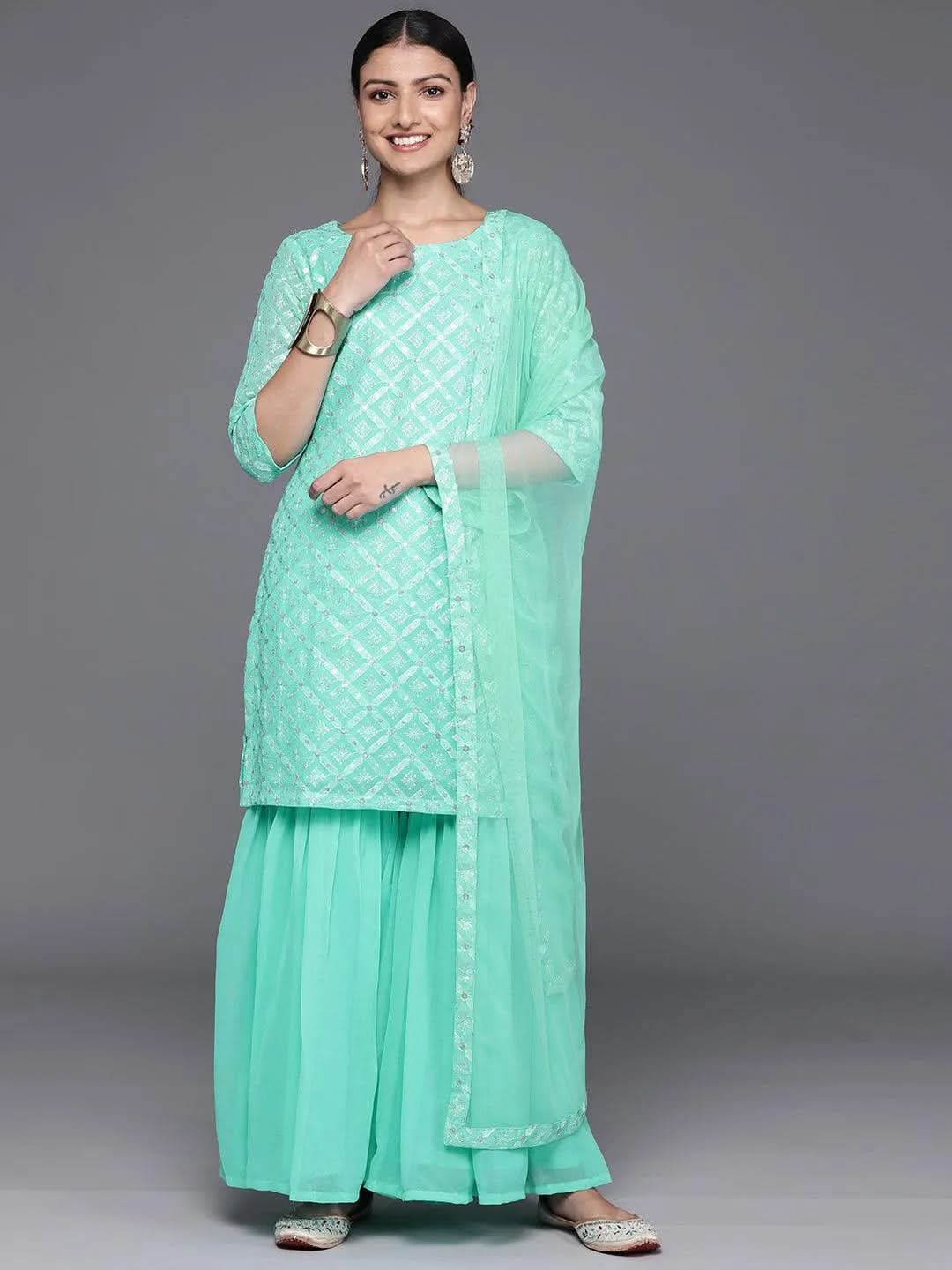 Mameraa Sea Green Embroidered Georgette Straight Sharara Suit Set With Dupatta