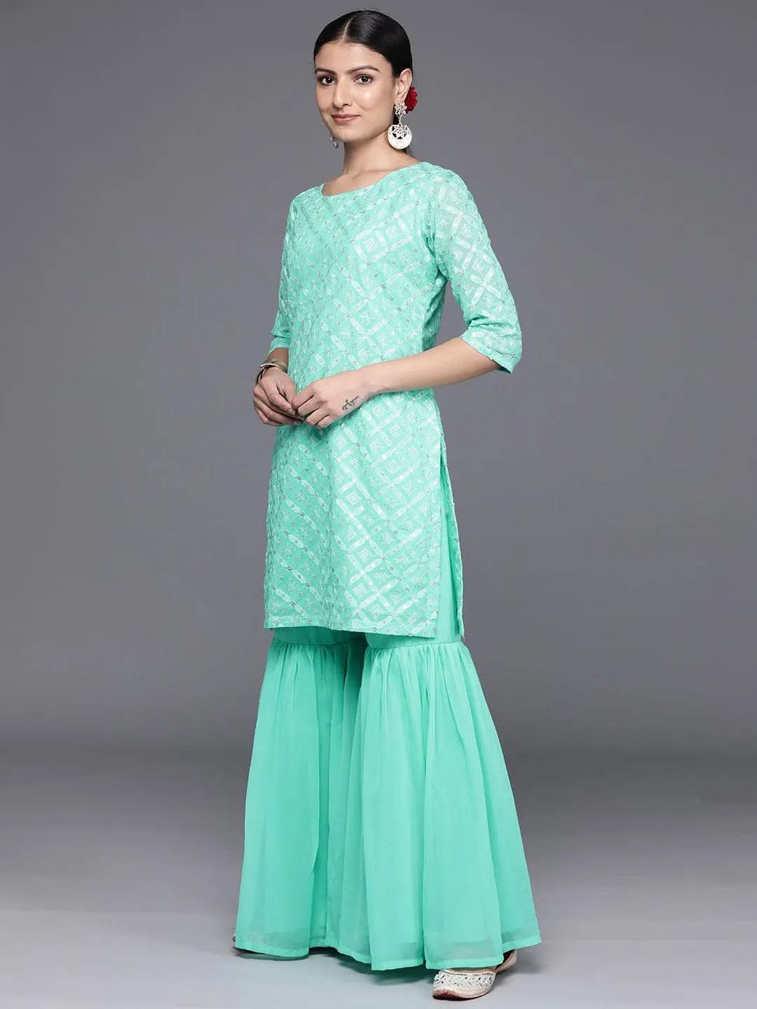 Mameraa Sea Green Embroidered Georgette Straight Sharara Suit Set With Dupatta