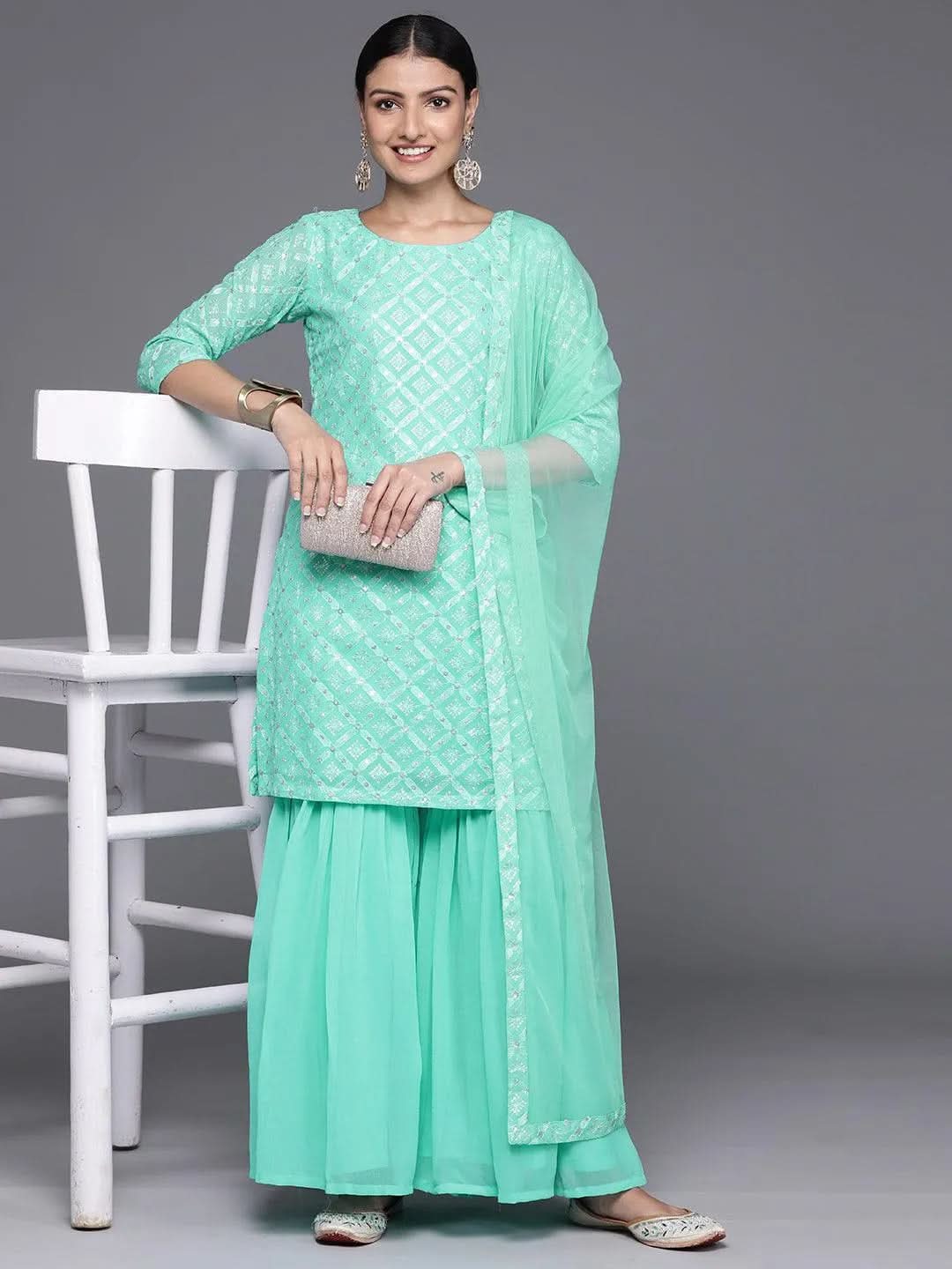 Mameraa Sea Green Embroidered Georgette Straight Sharara Suit Set With Dupatta