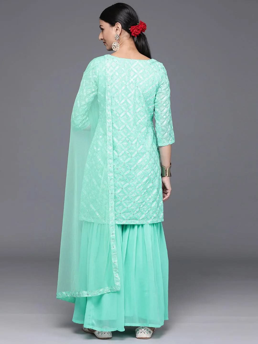 Mameraa Sea Green Embroidered Georgette Straight Sharara Suit Set With Dupatta
