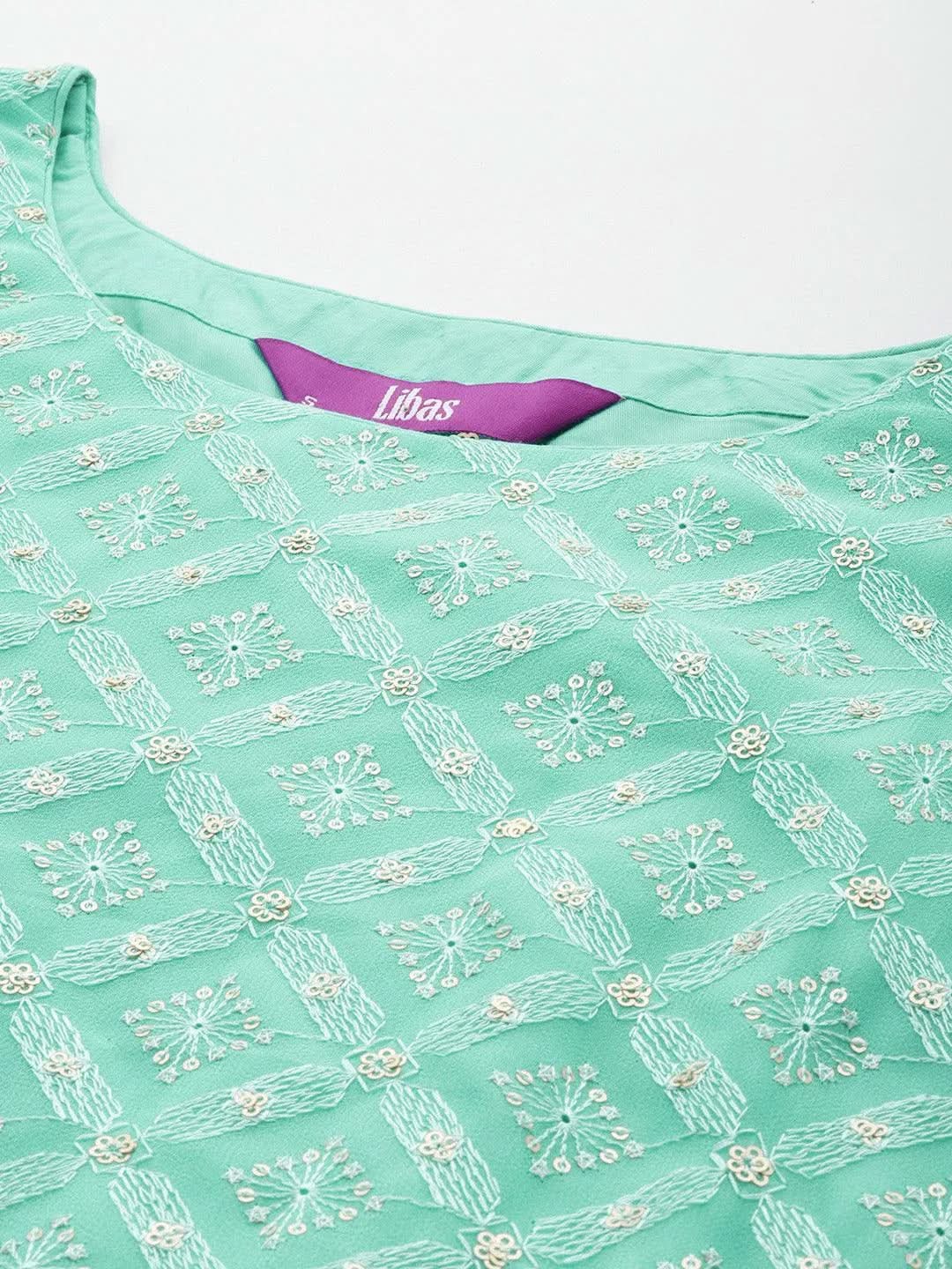 Mameraa Sea Green Embroidered Georgette Straight Sharara Suit Set With Dupatta