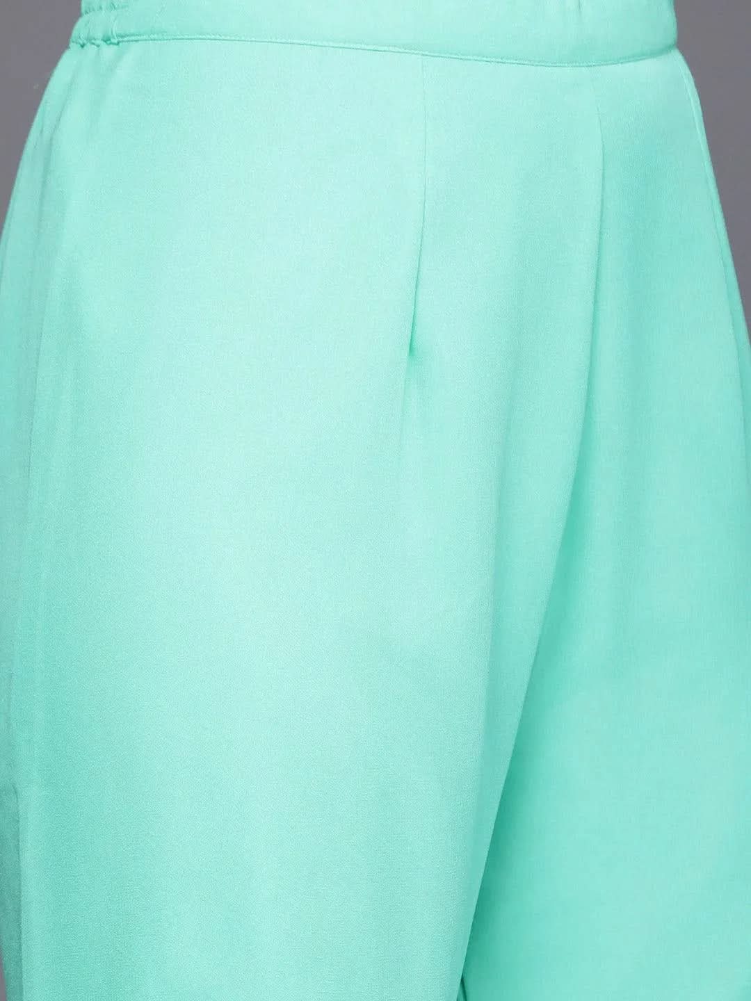 Mameraa Sea Green Embroidered Georgette Straight Sharara Suit Set With Dupatta