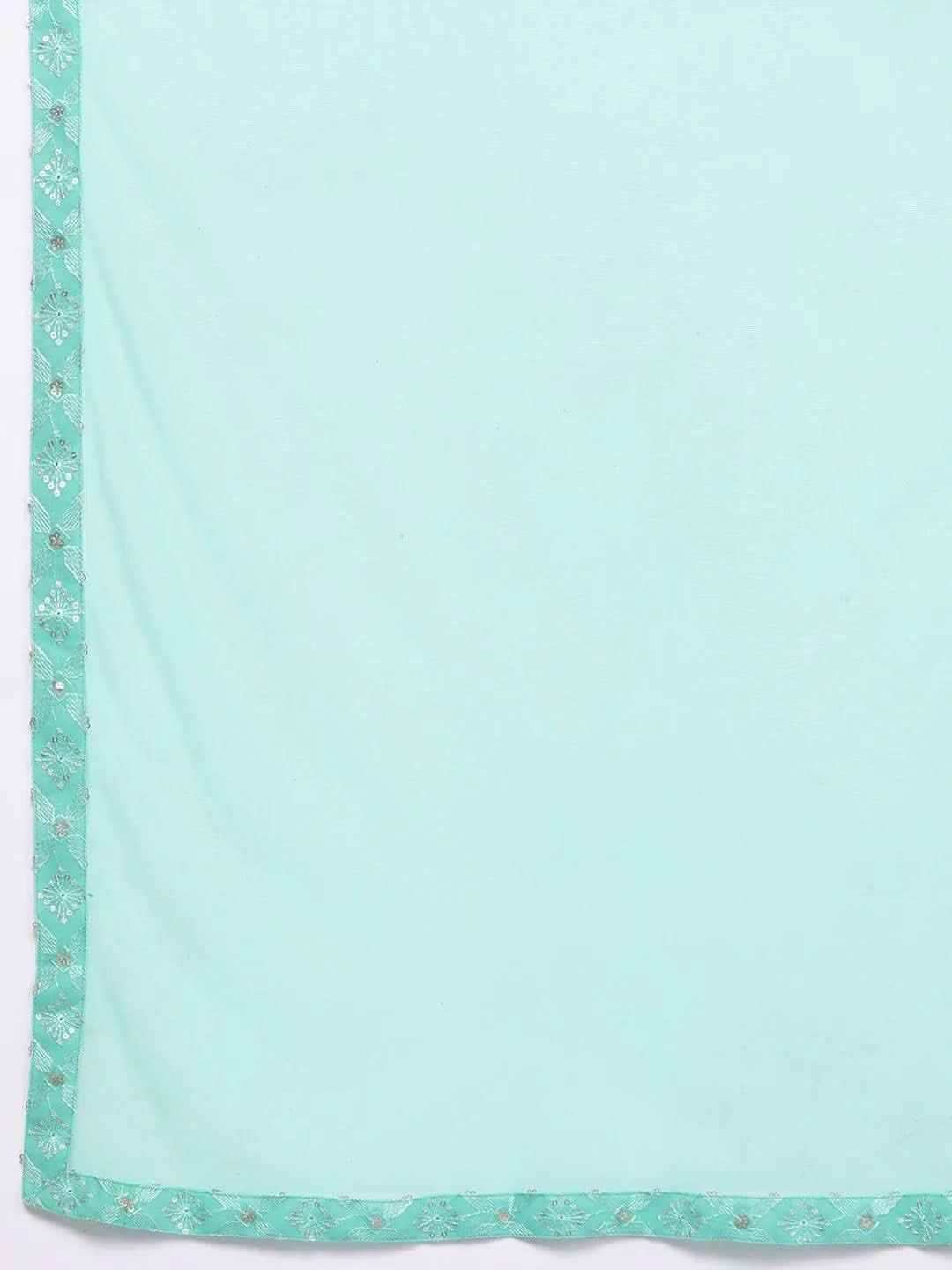 Mameraa Sea Green Embroidered Georgette Straight Sharara Suit Set With Dupatta