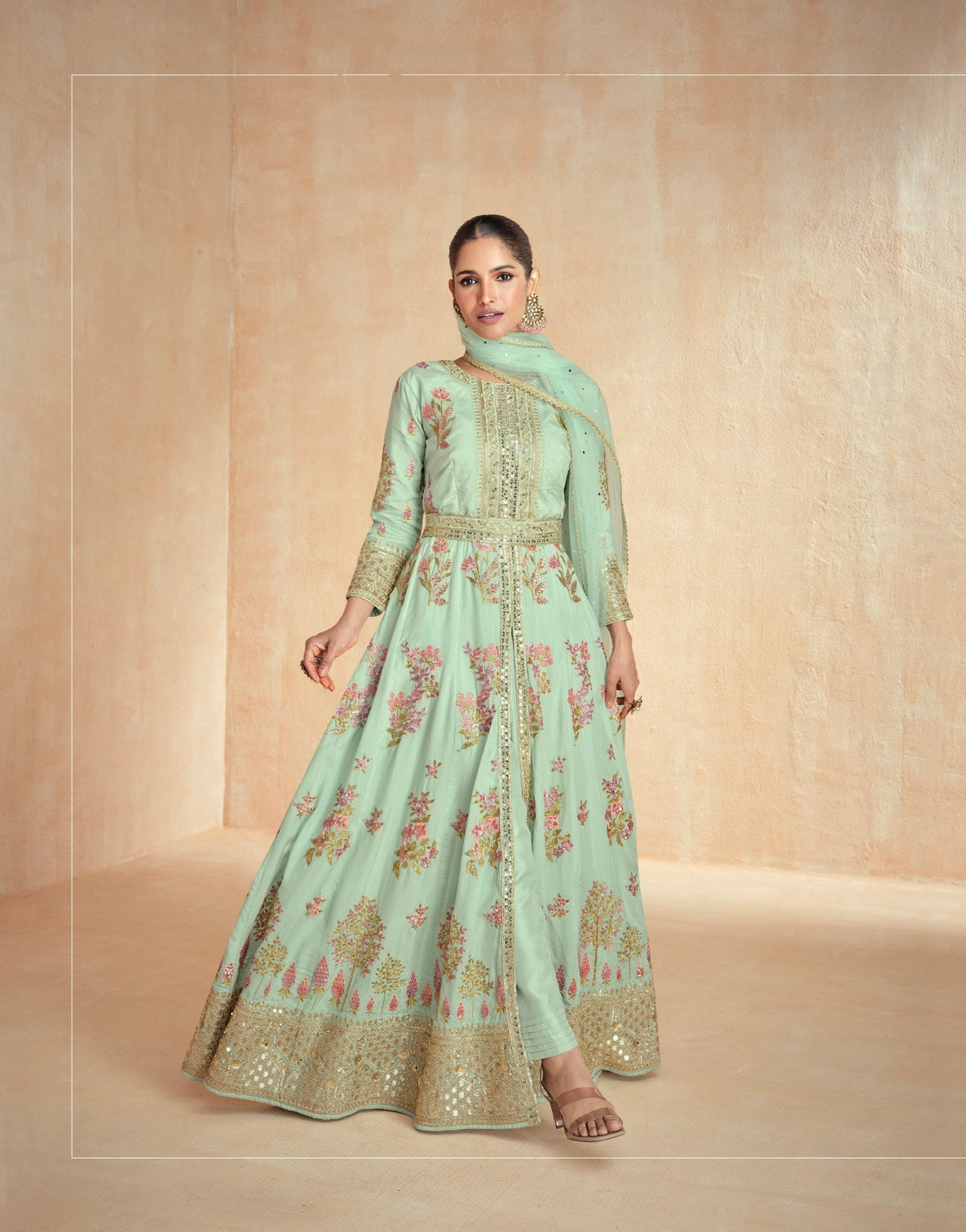 Sea Green Embroidered Gown Set with Dupatta