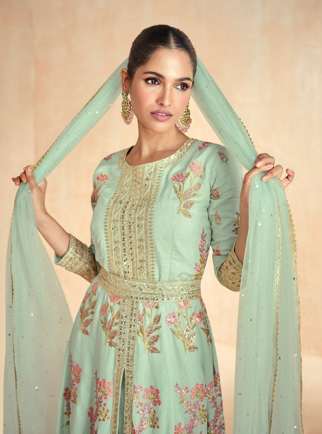 Sea Green Embroidered Gown Set with Dupatta