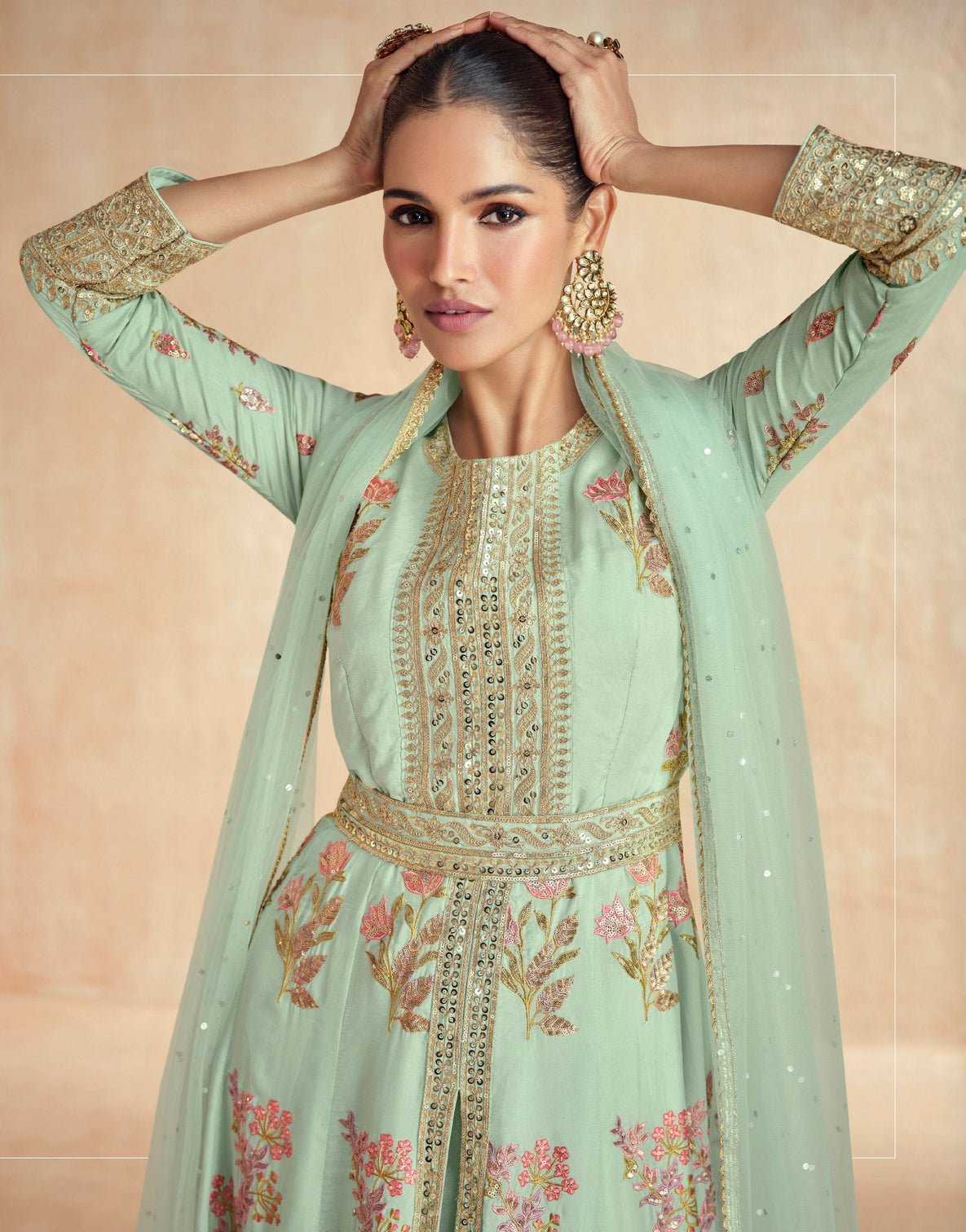 Sea Green Embroidered Gown Set with Dupatta