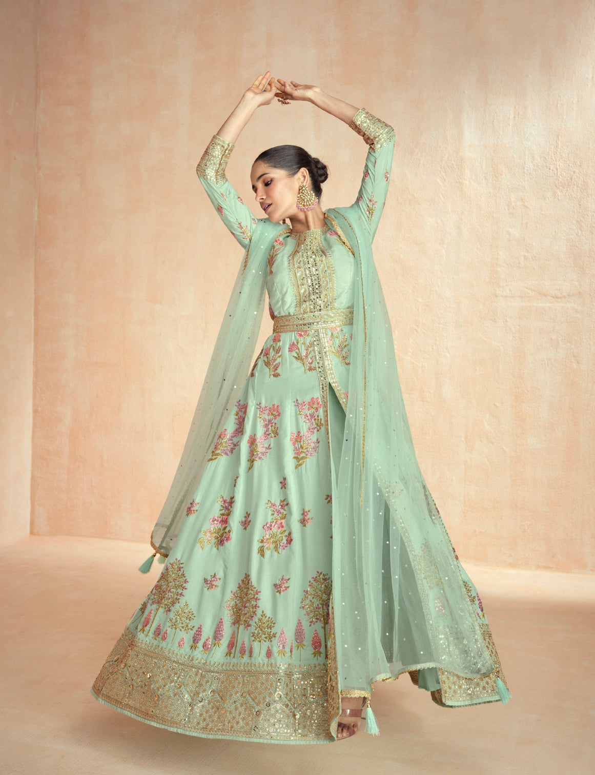 Sea Green Embroidered Gown Set with Dupatta