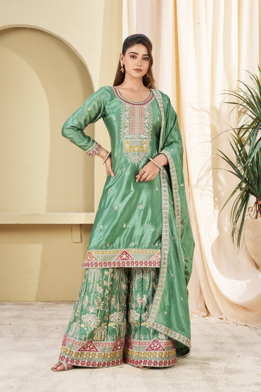 Sea Green Embroidered Palazzo Set
