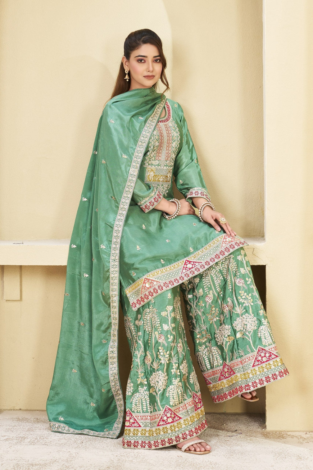 Sea Green Embroidered Palazzo Set