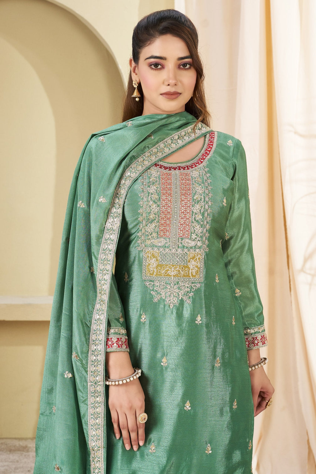 Sea Green Embroidered Palazzo Set