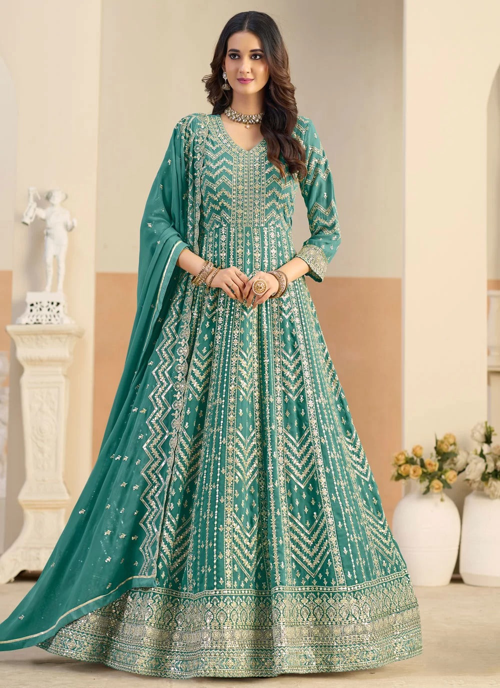 Sea green faux georgette festive anarkali suit with dual side embroidery
