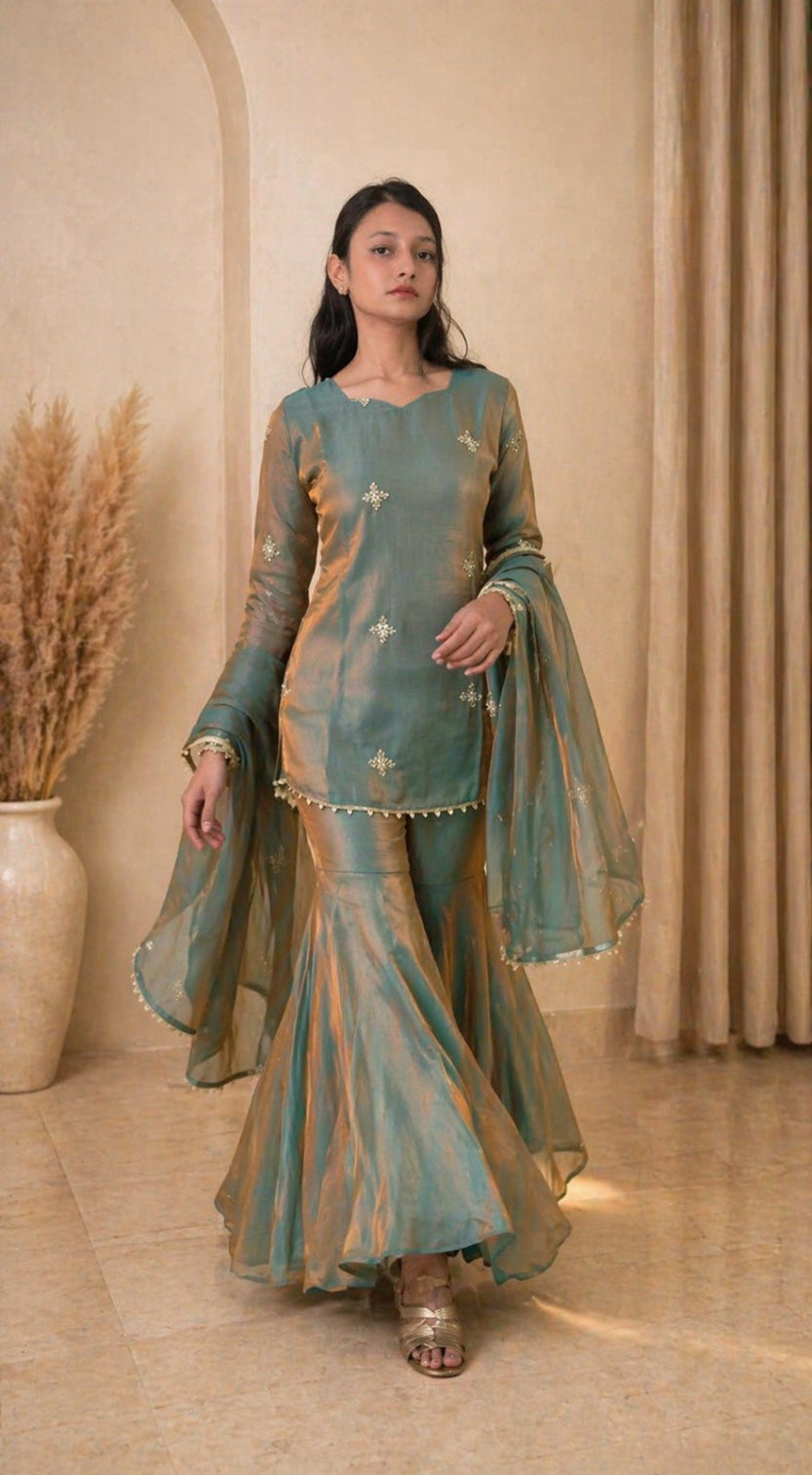 Sea Green Fandy Top Sharara Set