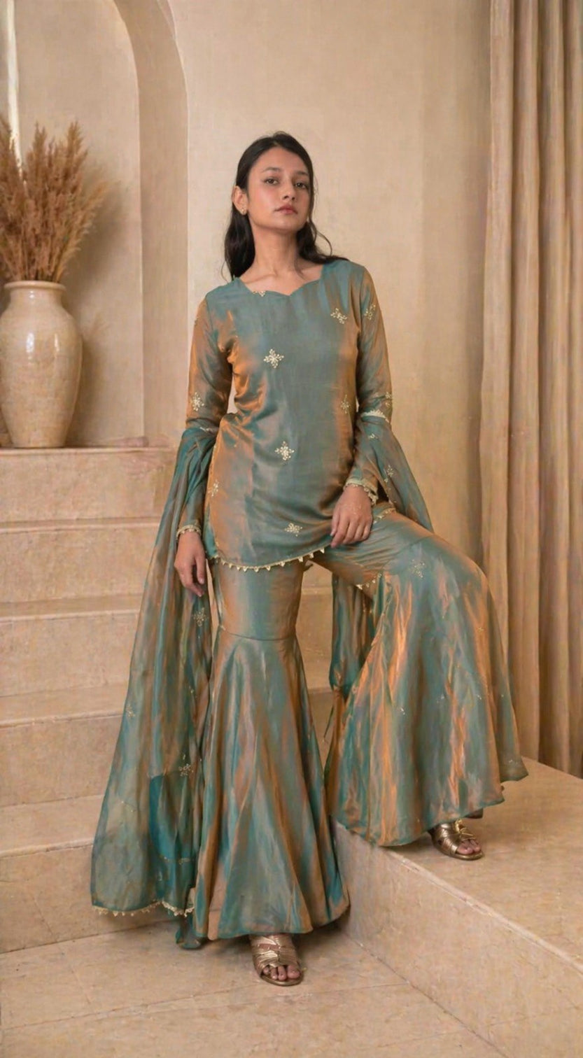 Sea Green Fandy Top Sharara Set