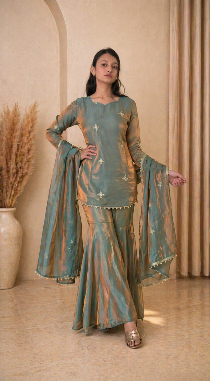 Sea Green Fandy Top Sharara Set