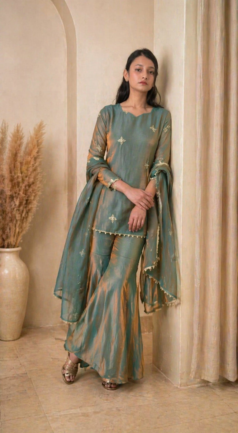 Sea Green Fandy Top Sharara Set