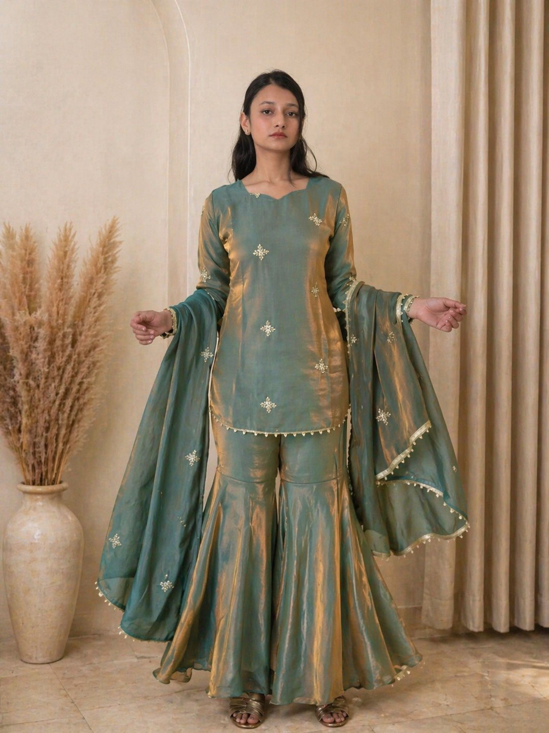 Sea Green Fandy Top Sharara Set