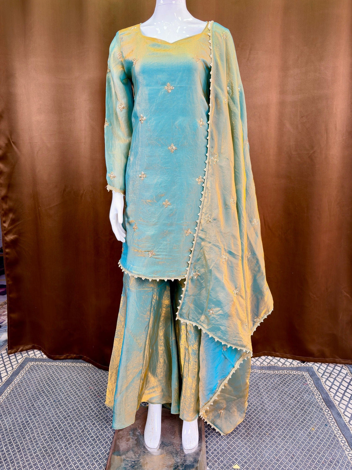 Sea Green Fandy Top Sharara Set