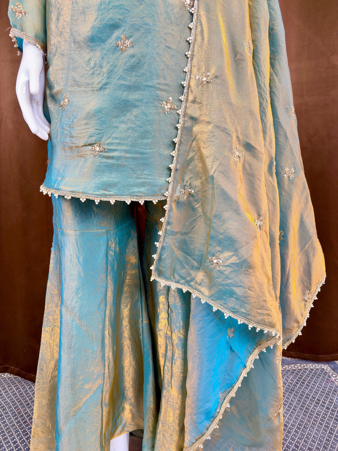 Sea Green Fandy Top Sharara Set