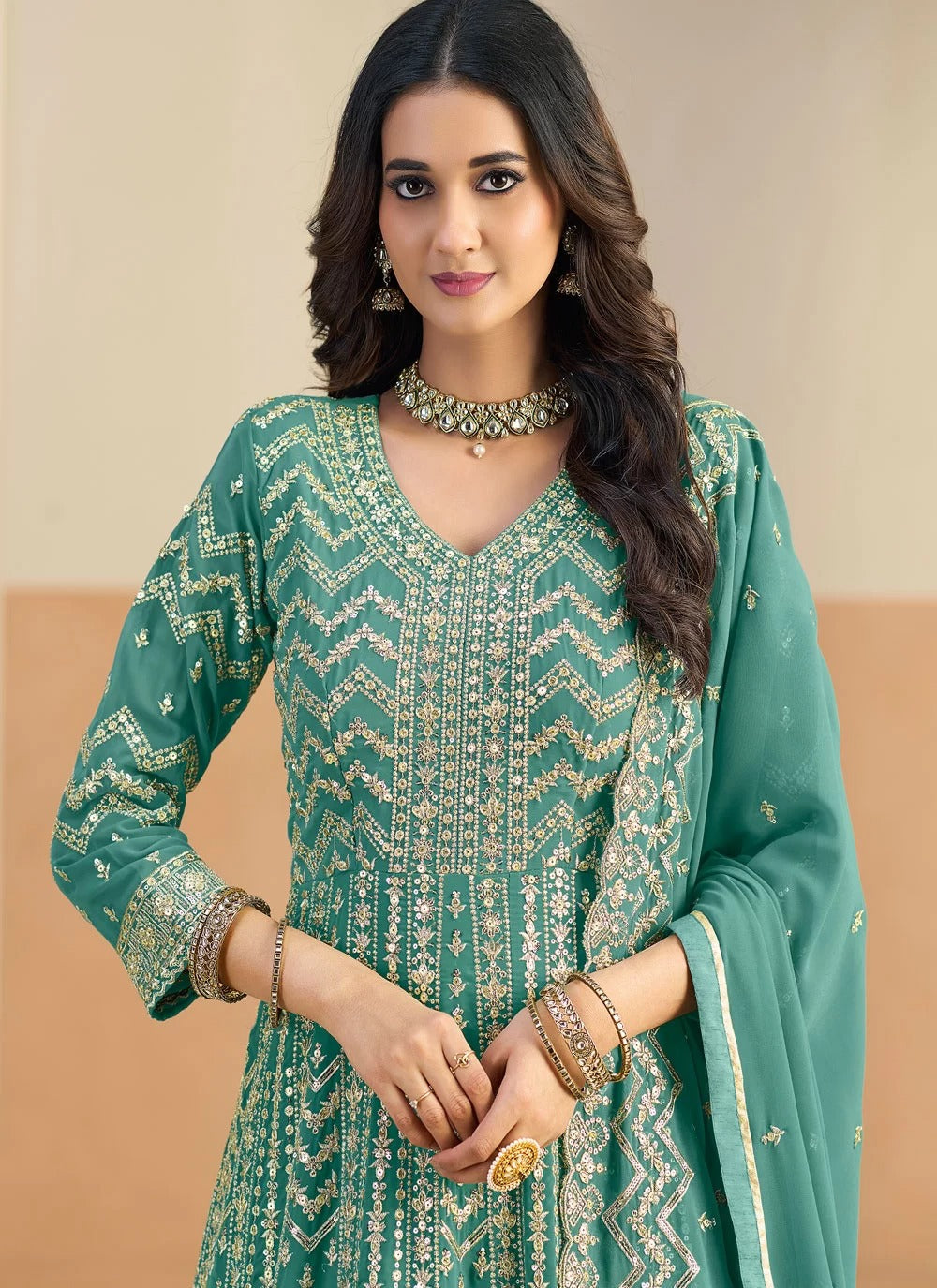 Sea green faux georgette festive anarkali suit with dual side embroidery