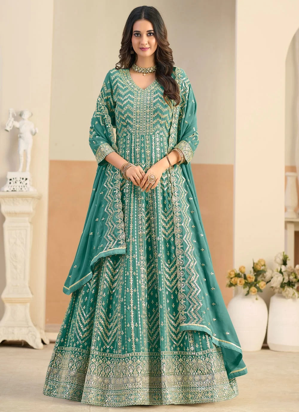 Sea green faux georgette festive anarkali suit with dual side embroidery