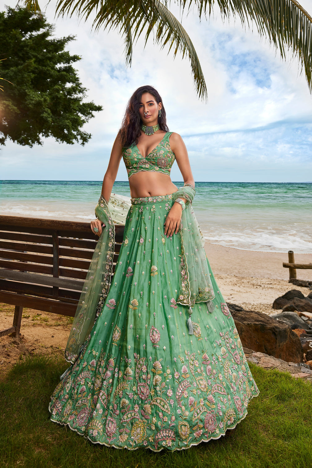 Sea Green Georgette Sequins, Zarkan and thread embroidery Semi-Stitched Lehenga choli & Dupatta