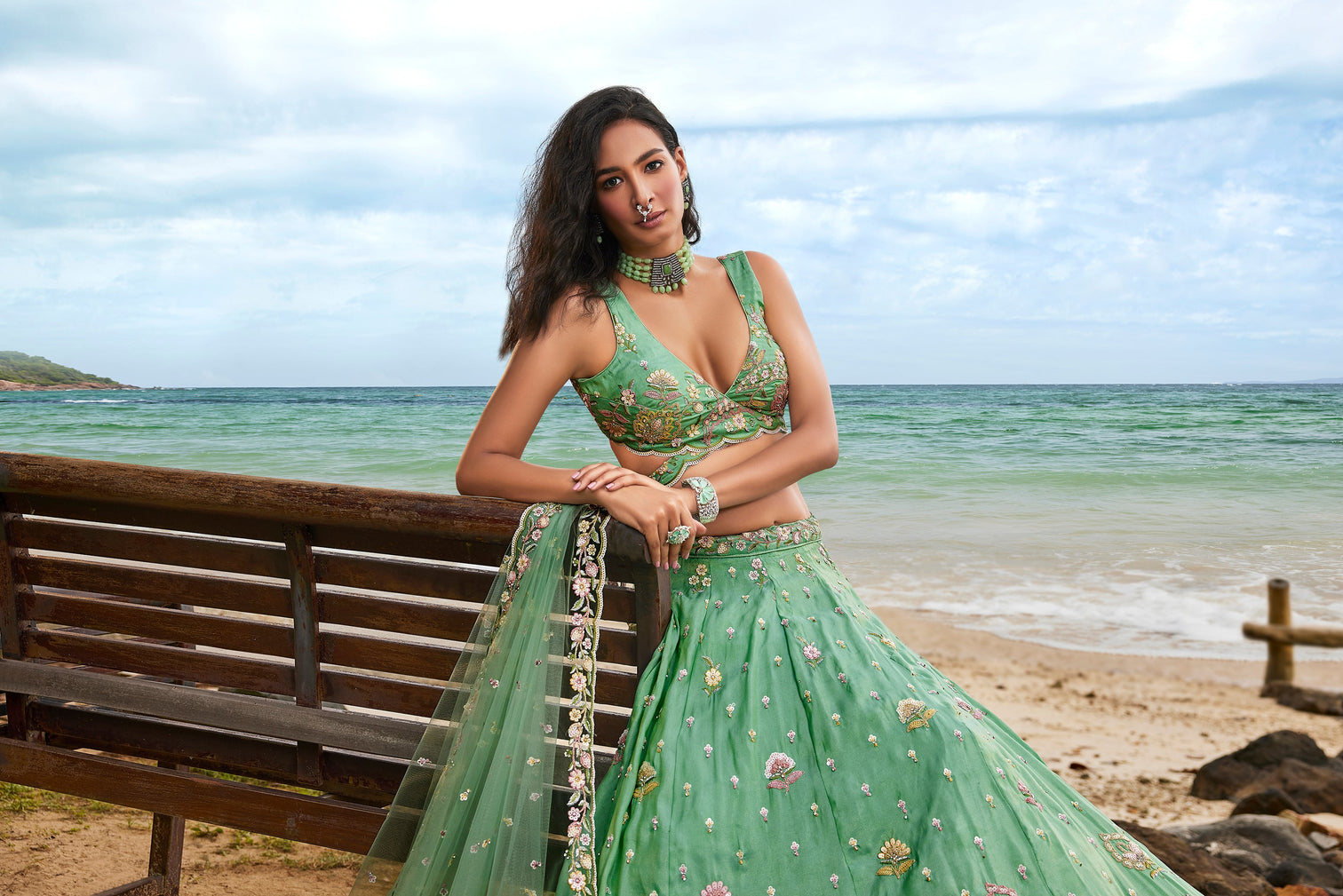 Sea Green Georgette Sequins, Zarkan and thread embroidery Semi-Stitched Lehenga choli & Dupatta