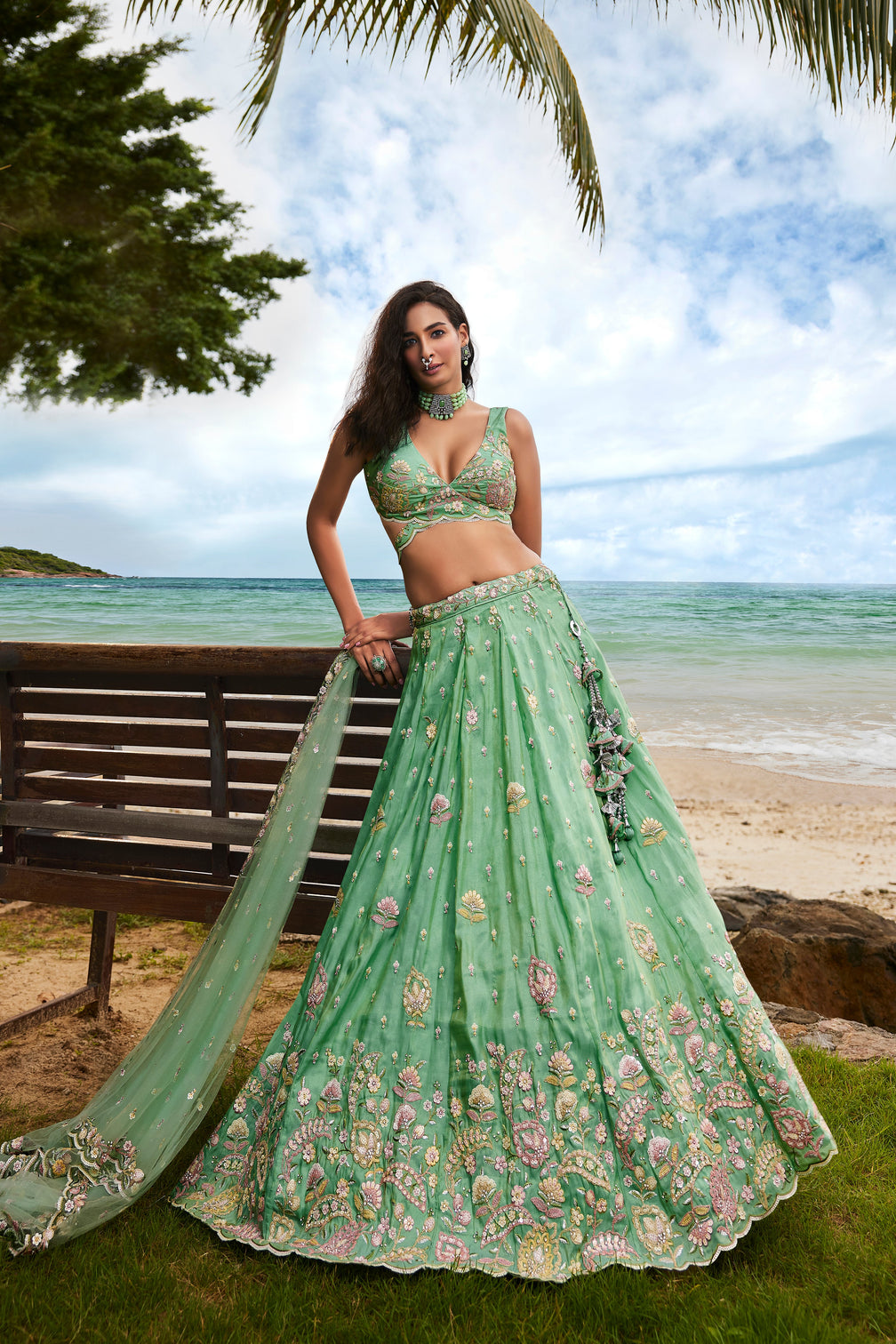 Sea Green Georgette Sequins, Zarkan and thread embroidery Semi-Stitched Lehenga choli & Dupatta