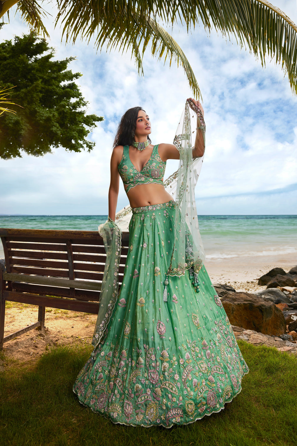 Sea Green Georgette Sequins, Zarkan and thread embroidery Semi-Stitched Lehenga choli & Dupatta
