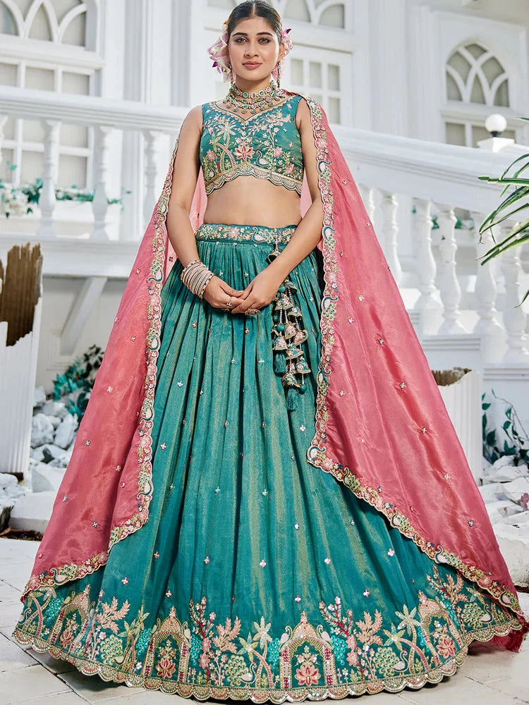 Sea Green Golden Satin Lehenga Choli Set with Embroidered Dupatta Indian Bridal Outfit