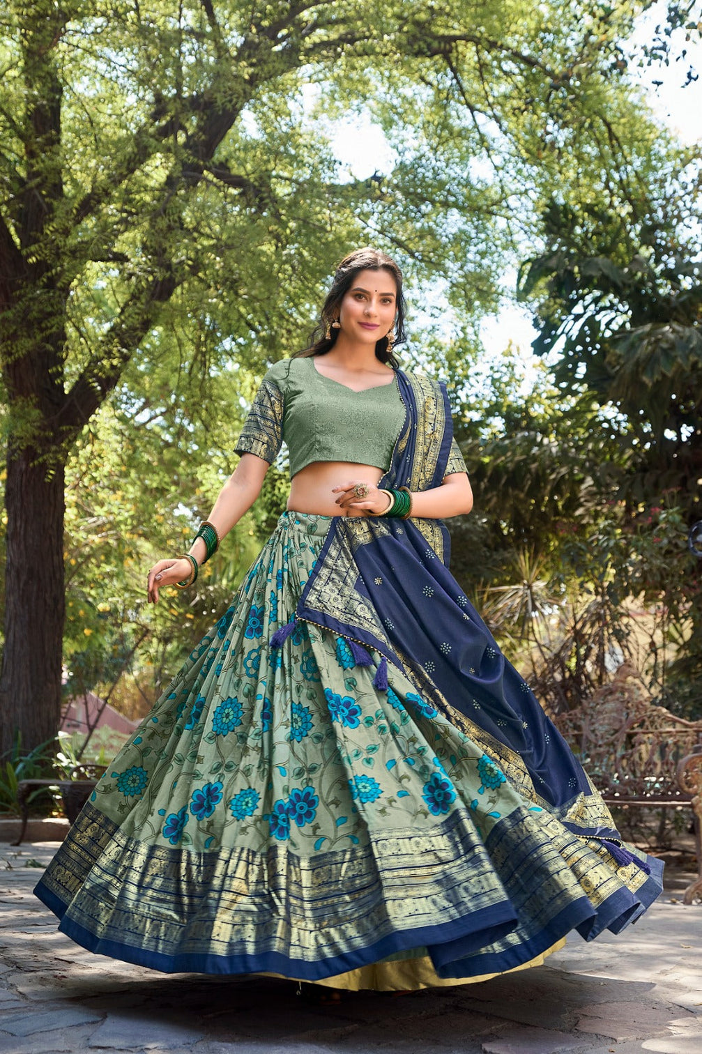 Sea Green Kalamkari Tussar Silk Lehenga Choli Set