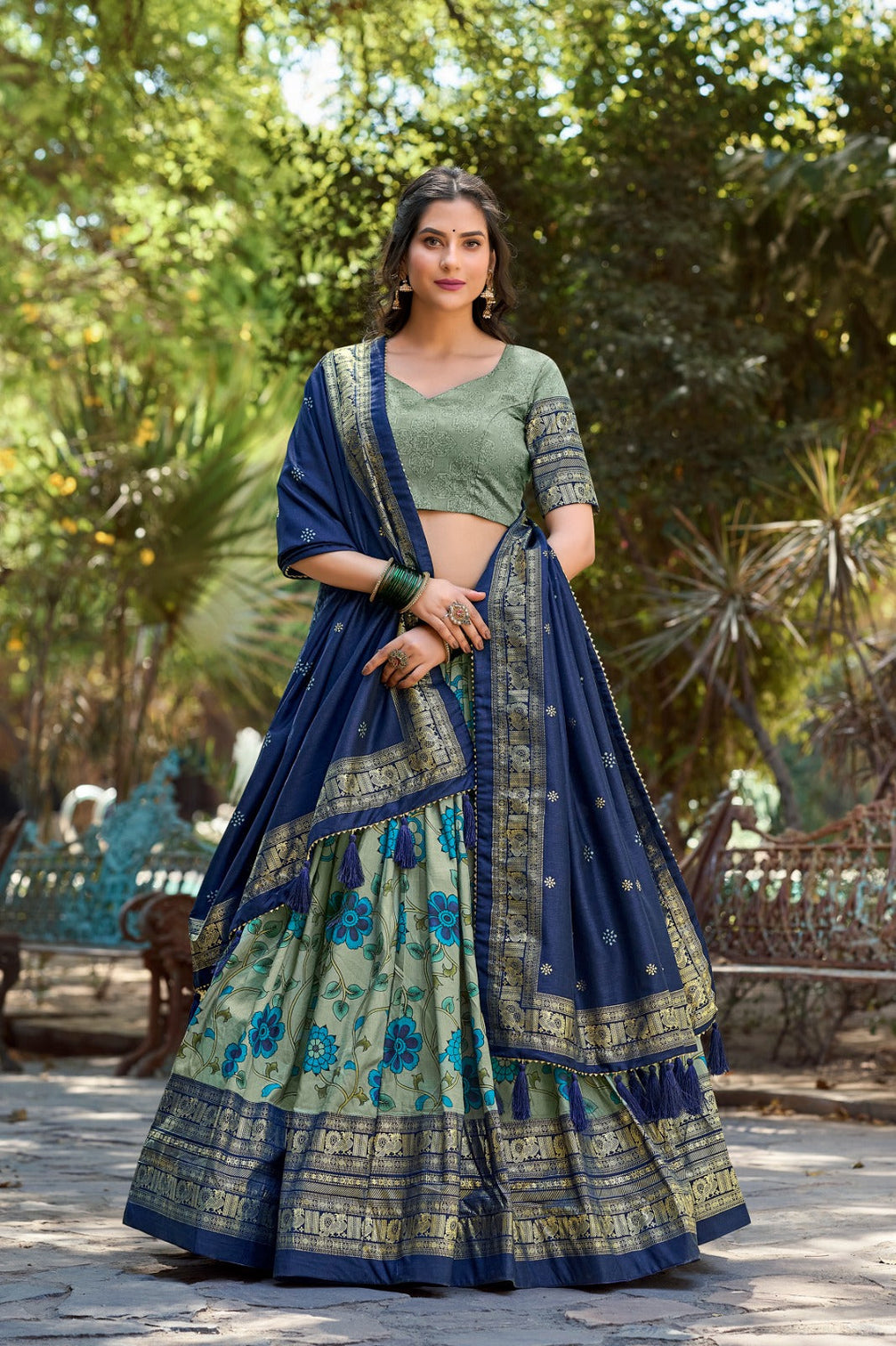 Sea Green Kalamkari Tussar Silk Lehenga Choli Set