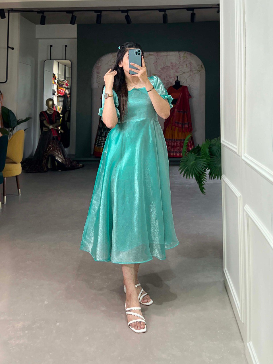 Sea Green Luxuriously Plain Burberry Silk Frock for Effortless Summer Elegance