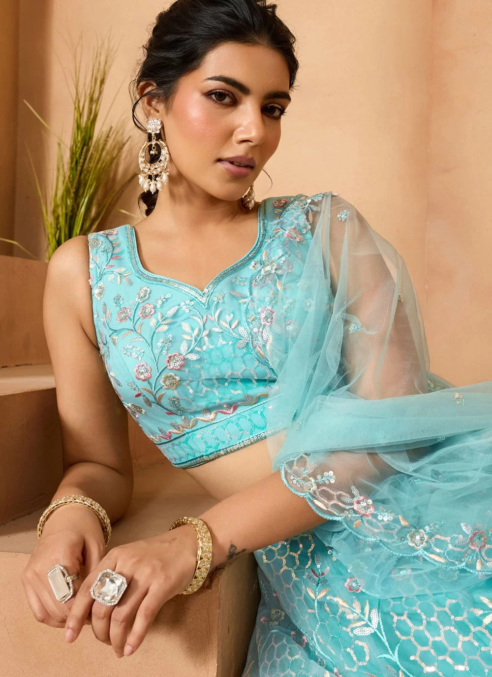 Sea green net lehenga choli for day weddings mehndi destination events