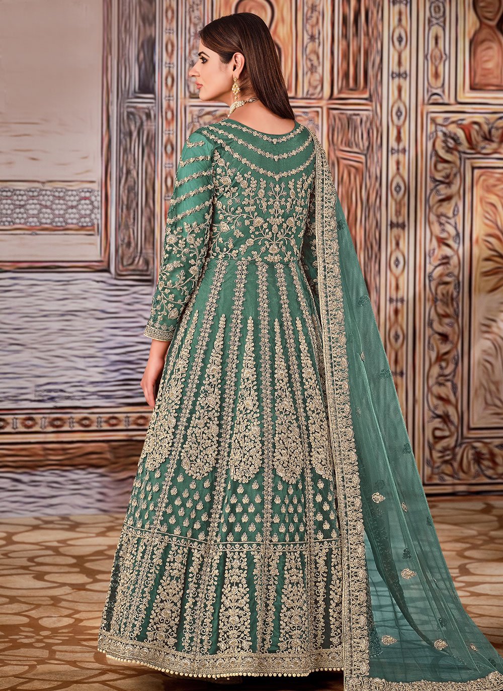 Sea green net embroidered floor length salwar kameez