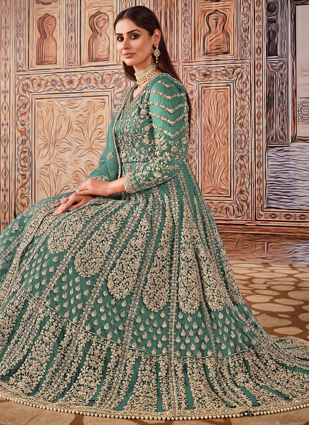Sea green net embroidered floor length salwar kameez