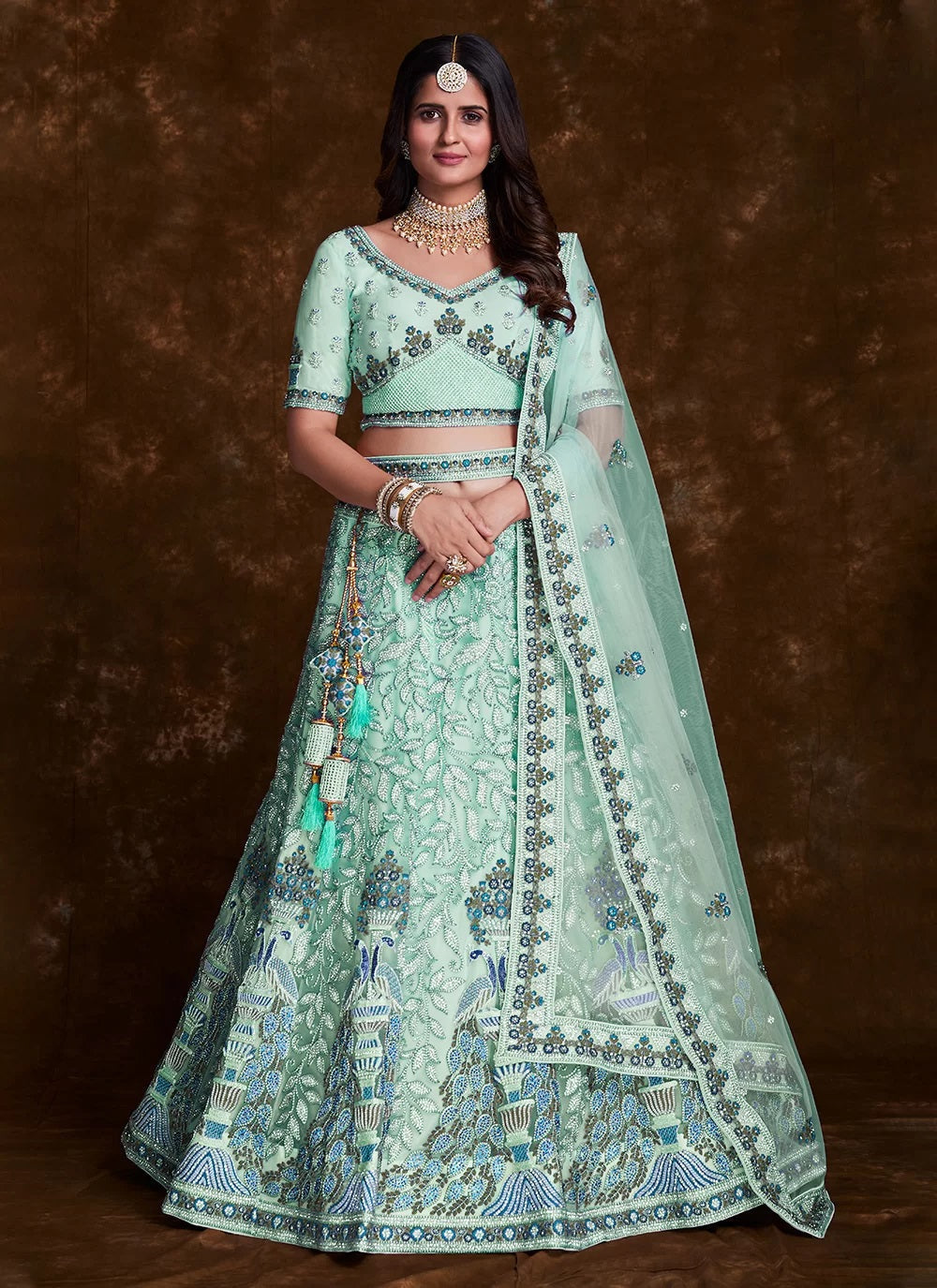Sea Green Net Lehenga Set with Thread, Zari, Dori & Zarkan Work