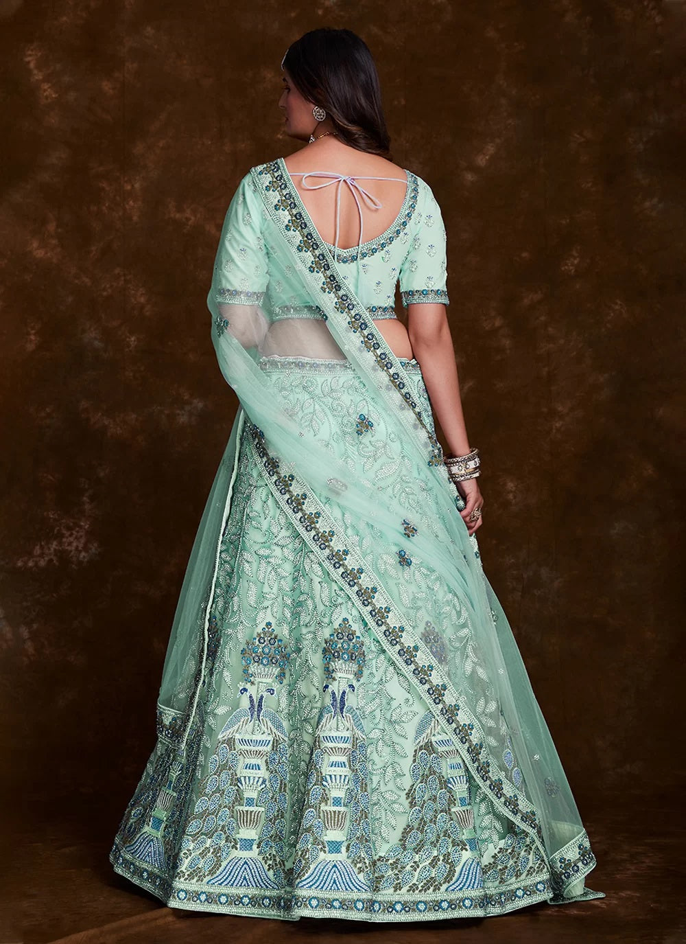 Sea Green Net Lehenga Set with Thread, Zari, Dori & Zarkan Work