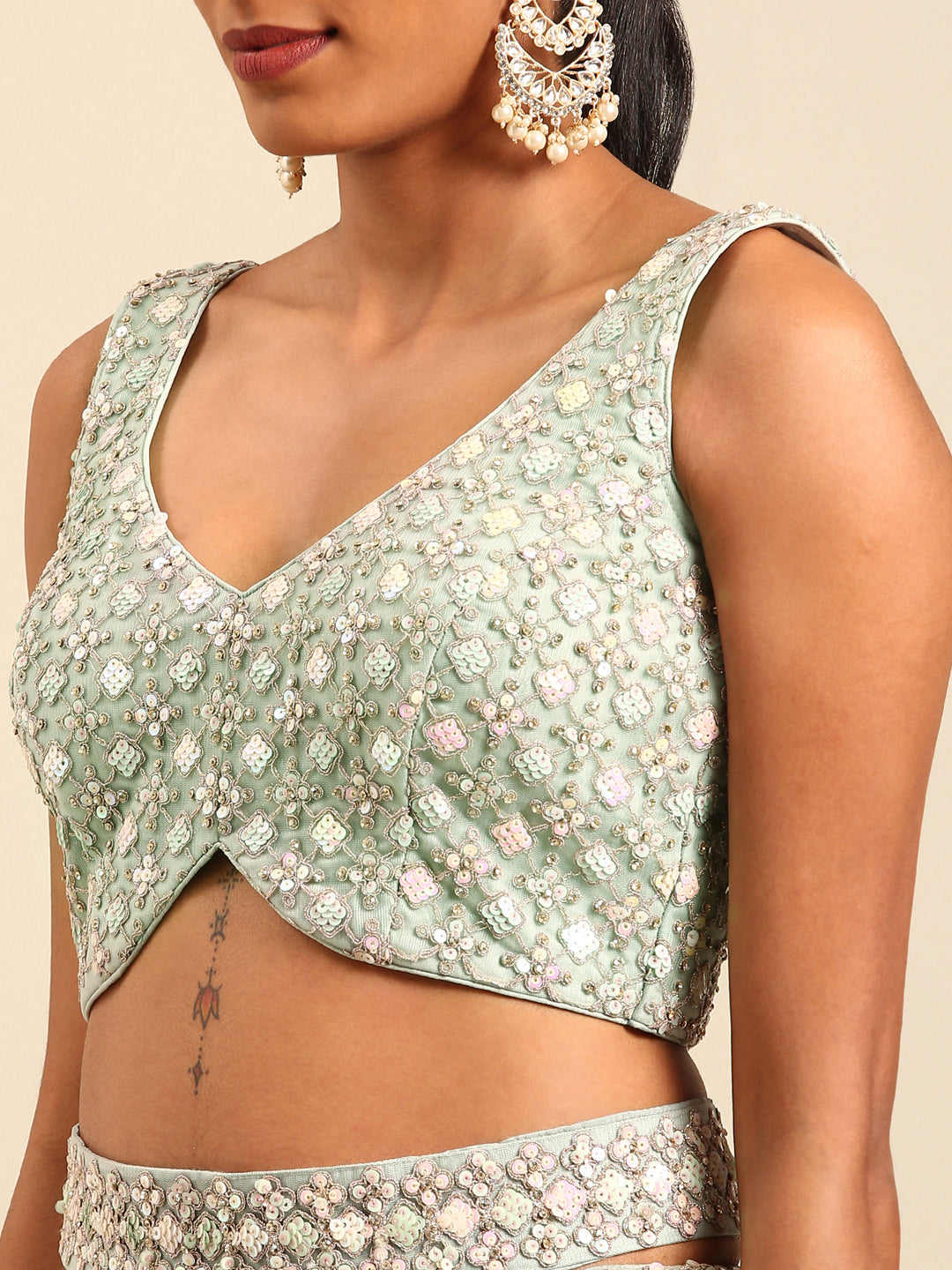 Sea green Net Multi Sequins with heavy Zarkan embroidery Semi-Stitched Lehenga choli & Dupatta