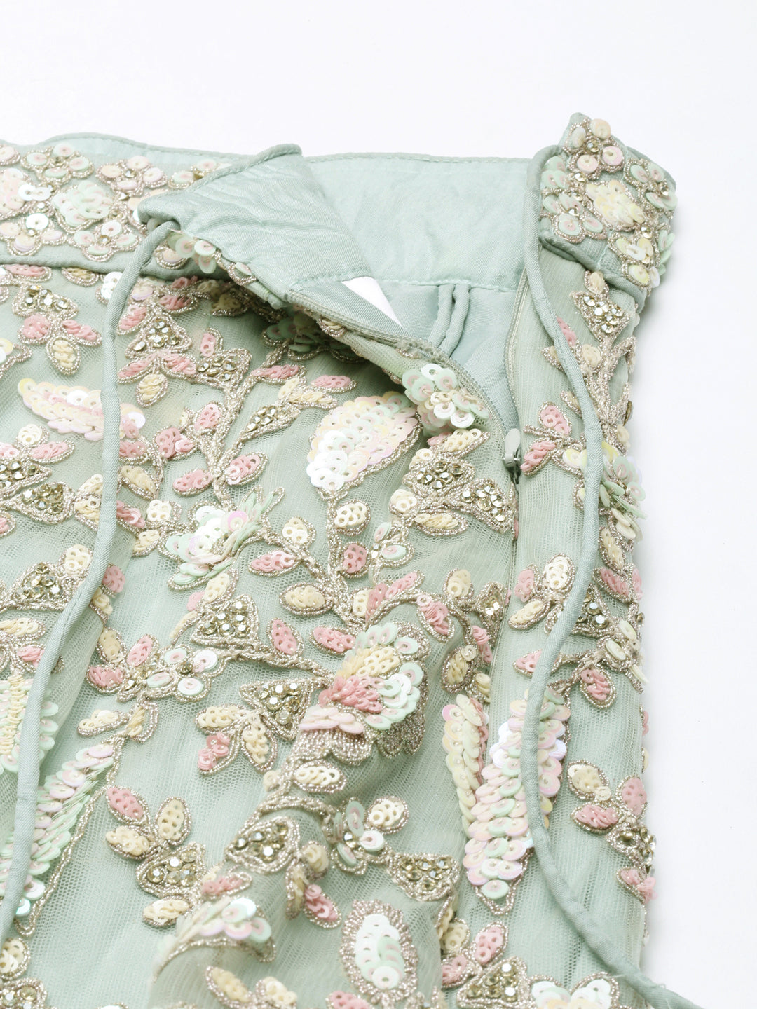 Sea green Net Multi Sequins with heavy Zarkan embroidery Semi-Stitched Lehenga choli & Dupatta